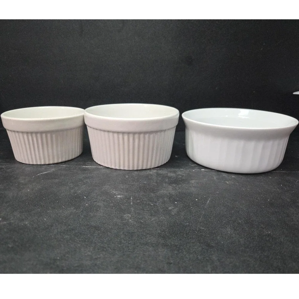 Bali White Ceramic Ribbed Bowls, Set of‎ 3, Vintage Replacement Kitchenware